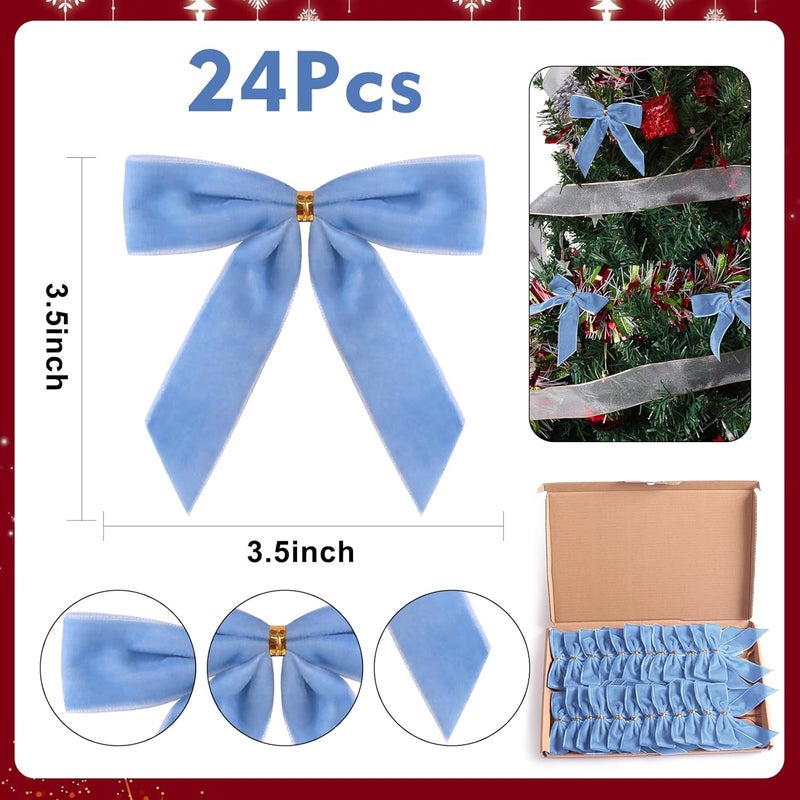 Utehilly 24 Pcs Light Blue Small Velvet Christmas Bows for Christmas Tree, Wreath, Gift Wrapping, Crafts, Wedding, Party, Twist Tie Bows for Treat Bag Bakery Candy Bags, Home Decor 1"W,3.5 x 3.5 inch - Image 2